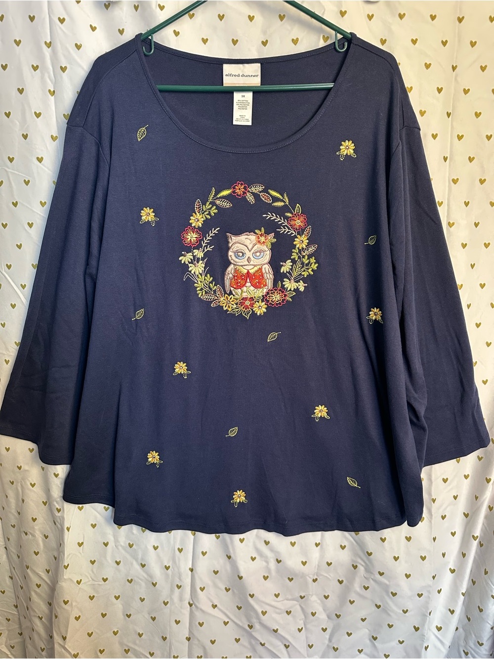 Alfred Dunner Navy Long-Sleeve Top with Embroidered Owl Wreath